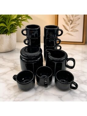 Vintage Black Espresso Set 14 Pc Japan Glossy Cups Sugar Bowl Creamer MCM